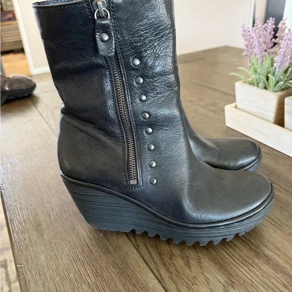 Fly London Black Leather Wedge Boots - Picture 3 of 13